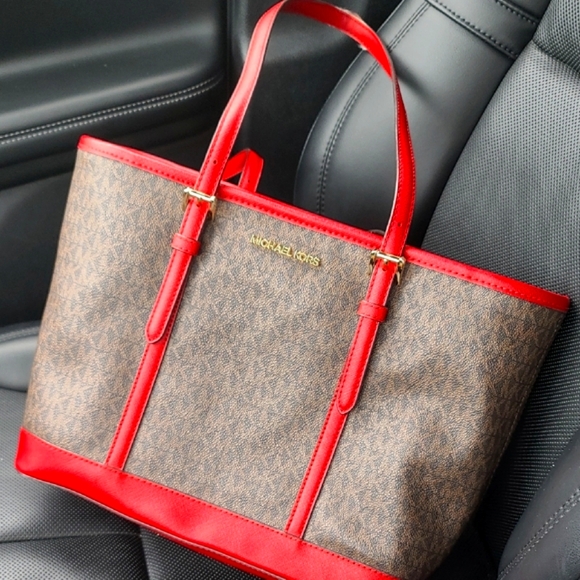 Michael Kors Red and Brown Jet Set Designer Tote - Picture 1 of 7